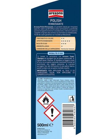 AREXONS POLISH RINNOVANTE 500 ml, rimuovi graffi, opacità e righe della carrozzeria, azione detergente, elimina ossidazione, AREXONS POLISH RINNOVANTE 500 ml, rimuovi graffi, opacità e righe della carrozzeria, azione detergente, elimina ossidazione,