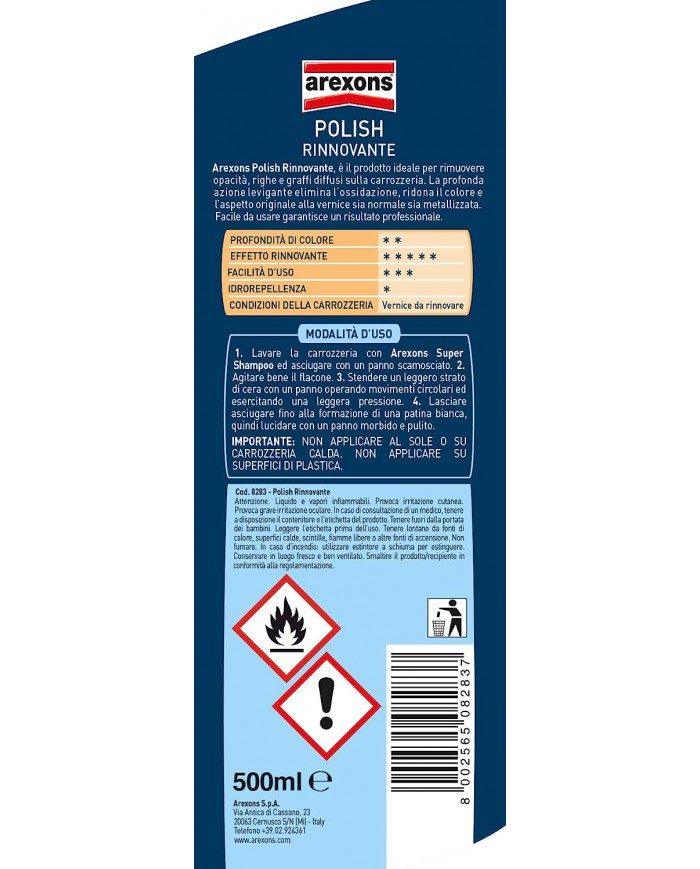 AREXONS POLISH RINNOVANTE 500 ml, rimuovi graffi, opacità e righe della carrozzeria, azione detergente, elimina ossidazione,