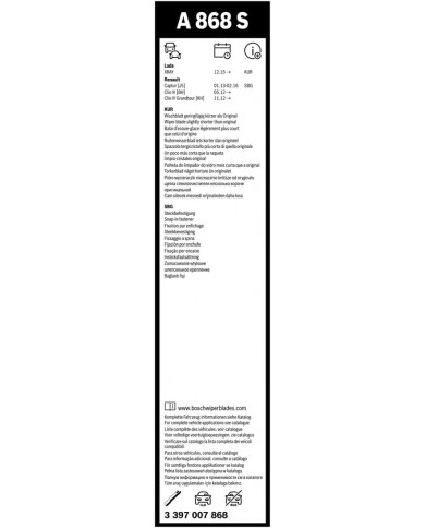Tergicristalli Bosch Aerotwin A868S, Lunghezza 650mm/340mm, 1 set per parabrezza anteriore Tergicristalli Bosch Aerotwin A868S, Lunghezza 650mm/340mm, 1 set per parabrezza anteriore
