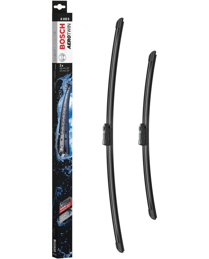 Tergicristalli Bosch Aerotwin A102S, Lunghezza 650mm/475mm, 1 set per parabrezza anteriore Tergicristalli Bosch Aerotwin A102S, Lunghezza 650mm/475mm, 1 set per parabrezza anteriore