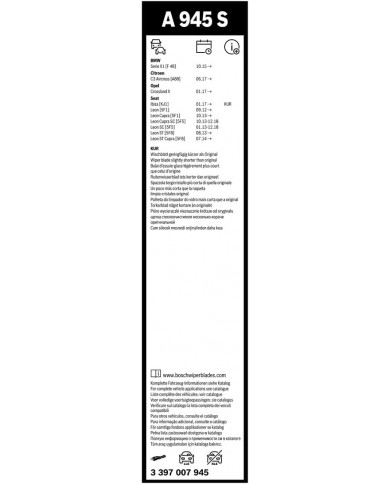 Tergicristalli Bosch Aerotwin A945S, Lunghezza 650mm/400mm, 1 set per parabrezza anteriore Tergicristalli Bosch Aerotwin A945S, Lunghezza 650mm/400mm, 1 set per parabrezza anteriore