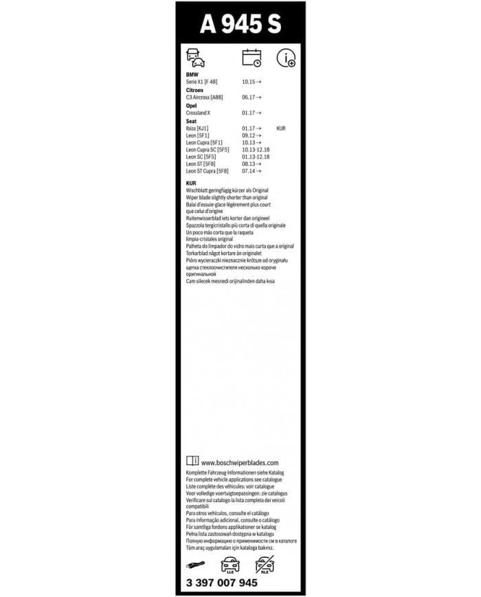 Tergicristalli Bosch Aerotwin A945S, Lunghezza 650mm/400mm, 1 set per parabrezza anteriore