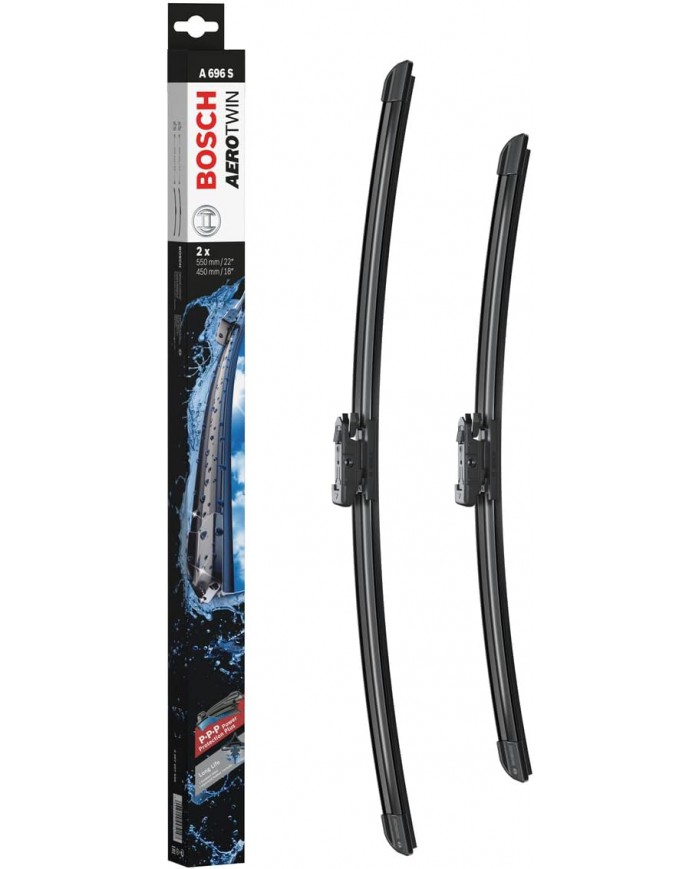 Tergicristalli Bosch Aerotwin A696S, Lunghezza 550mm/450mm, 1 set per parabrezza anteriore Tergicristalli Bosch Aerotwin A696S, Lunghezza 550mm/450mm, 1 set per parabrezza anteriore