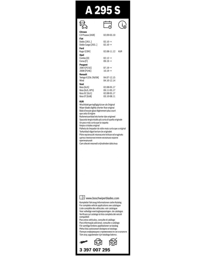 Tergicristalli Bosch Aerotwin A295S, Lunghezza 600mm/400mm, 1 set per parabrezza anteriore