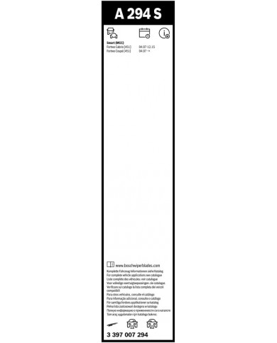Tergicristalli Bosch Aerotwin A294S, Lunghezza 600mm/550mm, 1 set per parabrezza anteriore Tergicristalli Bosch Aerotwin A294S, Lunghezza 600mm/550mm, 1 set per parabrezza anteriore
