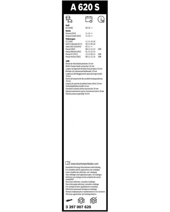 Tergicristalli Bosch Aerotwin A620S, Lunghezza 600mm/475mm, 1 set per parabrezza anteriore