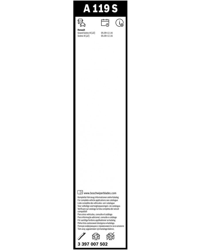 Tergicristalli Bosch Aerotwin A119S, Lunghezza 750mm/650mm, 1 set per parabrezza anteriore
