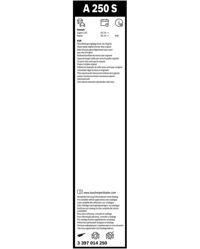 Tergicristalli Bosch Aerotwin A250S, Lunghezza 650mm/360mm, 1 set per parabrezza anteriore