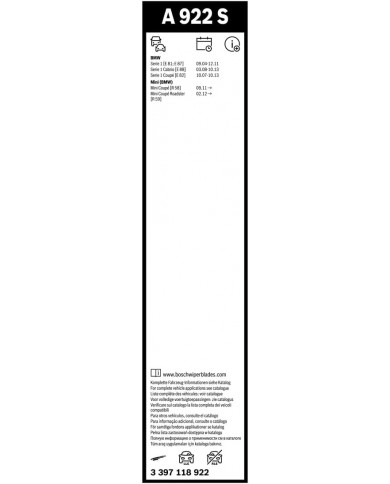 Tergicristalli Bosch Aerotwin A922S, Lunghezza 500mm/500mm, 1 set per parabrezza anteriore Tergicristalli Bosch Aerotwin A922S, Lunghezza 500mm/500mm, 1 set per parabrezza anteriore