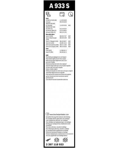 Tergicristalli Bosch Aerotwin A933S, Lunghezza 550mm/550mm, 1 set per parabrezza anteriore Tergicristalli Bosch Aerotwin A933S, Lunghezza 550mm/550mm, 1 set per parabrezza anteriore
