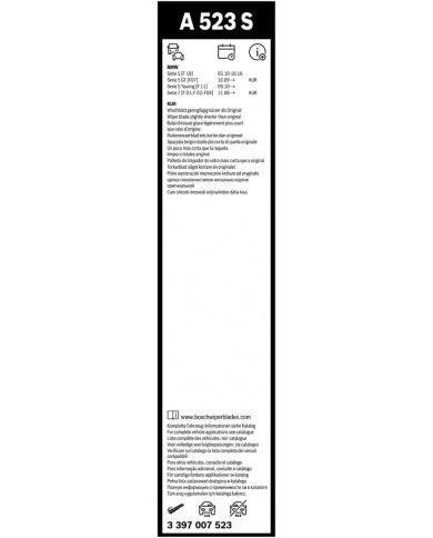 Tergicristalli Bosch Aerotwin A523S, Lunghezza 650mm/450mm, 1 set per parabrezza anteriore Tergicristalli Bosch Aerotwin A523S, Lunghezza 650mm/450mm, 1 set per parabrezza anteriore