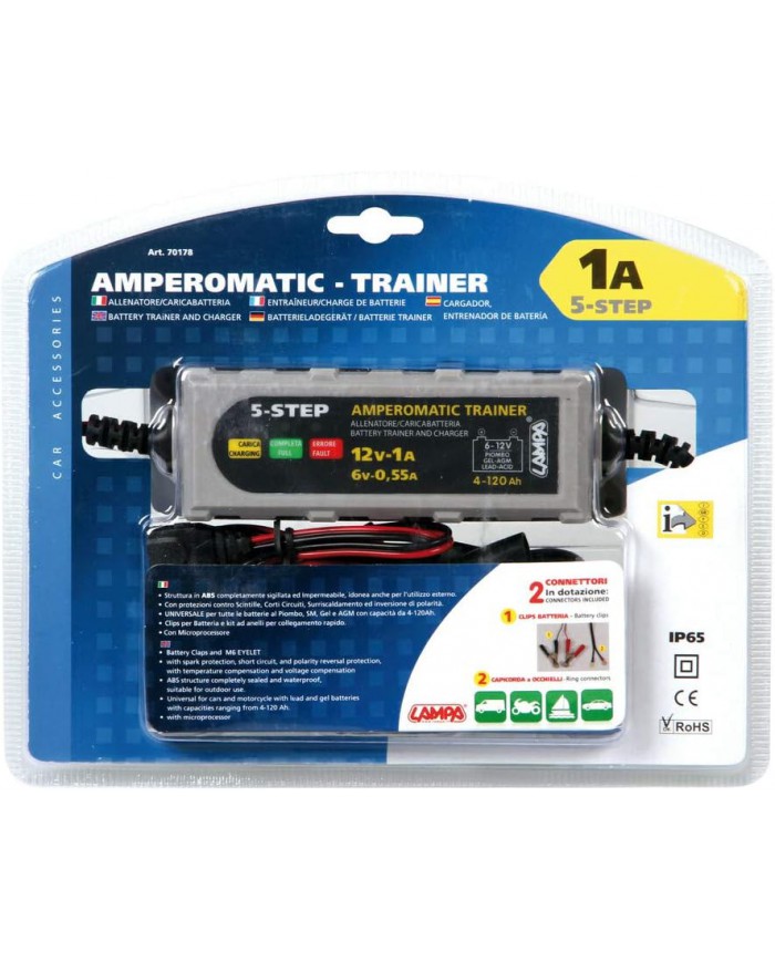 Lampa 70178 Amperomatic Trainer, caricabatteria Intelligente, 6/12V - 0,55/1A