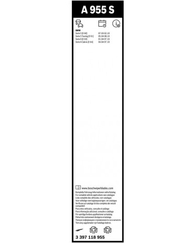Tergicristalli Bosch Aerotwin A955S, Lunghezza 600mm/575mm, 1 set per parabrezza anteriore Tergicristalli Bosch Aerotwin A955S, Lunghezza 600mm/575mm, 1 set per parabrezza anteriore
