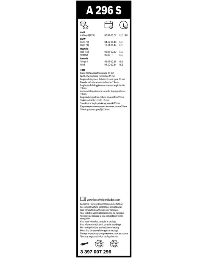 Tergicristalli Bosch Aerotwin A296S, Lunghezza 600mm/500mm, 1 set per parabrezza anteriore Tergicristalli Bosch Aerotwin A296S, Lunghezza 600mm/500mm, 1 set per parabrezza anteriore